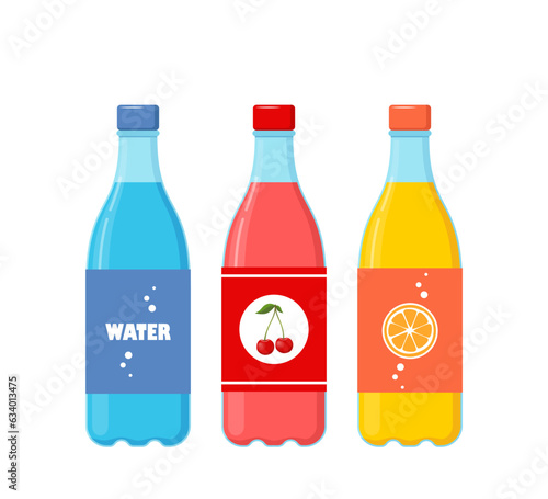 Bottles of different fizzy drinks. Soda, water, juice in plastic bottles, beverages with different flavors isolated on white background. Vector illustration.