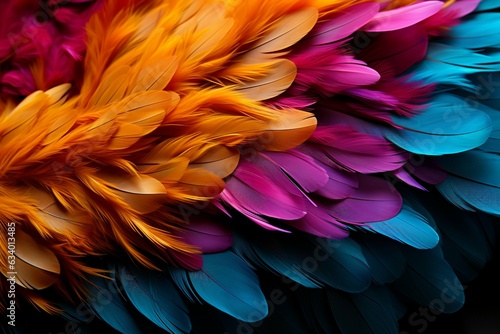 Dark backdrop showcases a golden feather amidst a vibrant cascade of colorful feathers Generative AI