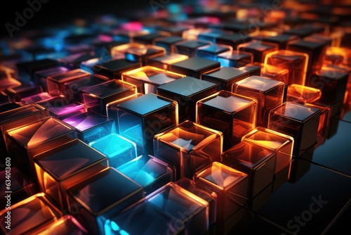A bunch of cubes that are glowing in the dark. Digital image.