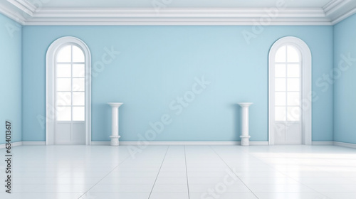 large empty room with blue walls and white marble floor. Generative Ai.