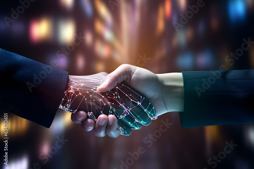 Handshake with data flow, illustrating artificial intelligence and smart contract © Patrick Helmholz