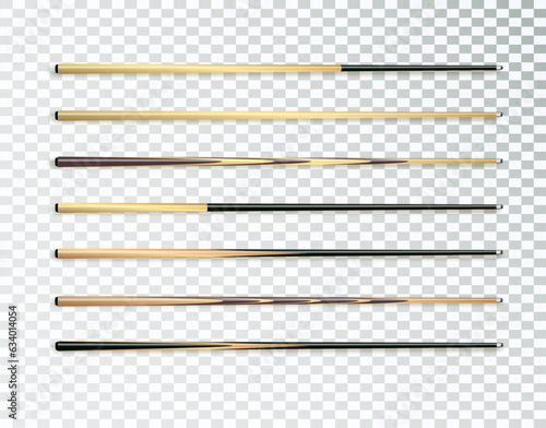Cues for billiard, snooker realistic templates. Wooden sticks with various design for cuesports. Vector