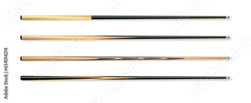 Cues for billiard, snooker realistic templates. Wooden sticks with various design for cuesports. Vector