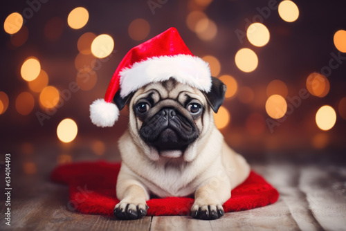 Cute pug puppy wearing a Santa Claus hat on blurry background with bokeh lights. Christmas pet. © NikonLamp