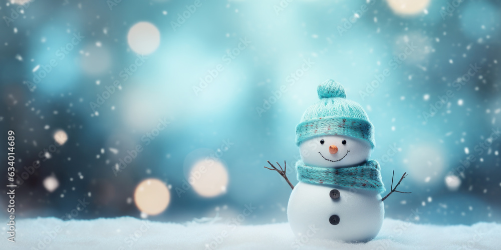 Fototapeta premium Happy snowman on blue blurry winter background with copy space and bokeh lights. Merry Christmas and Happy New Year backdrop.