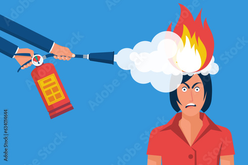 Put out head fire. A man with a fire extinguisher extinguishes a fire in a burning brain. Psychological therapy help. Burnout and emotional problem, mental illness. Vector illustration flat design.