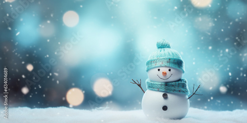 Happy snowman on blue blurry winter background with copy space and bokeh lights. Merry Christmas and Happy New Year backdrop. © NikonLamp