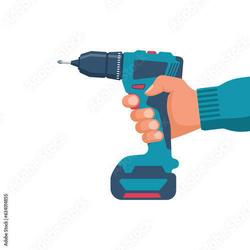 Electric screwdriver in hand. Battery screwdriver or drill. Home renovation equipment. Tools of the handyman. Vector illustration flat design. Isolated on white background.
