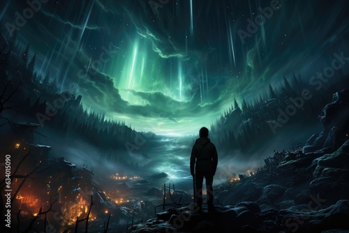 Celestial Reverie: Backview of a Soul Engulfed in Aurora Borealis' Brilliance Generative AI
