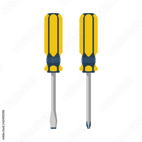 Slotted screwdriver, phillips screwdriver. Yellow professional tool isolated on white background. Home craftsman's tool. Vector illustration flat design. photo