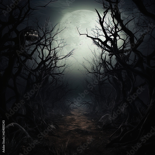Moonlit forest, twisted trees cast eerie shadows and mystical creatures emerge from the darkness