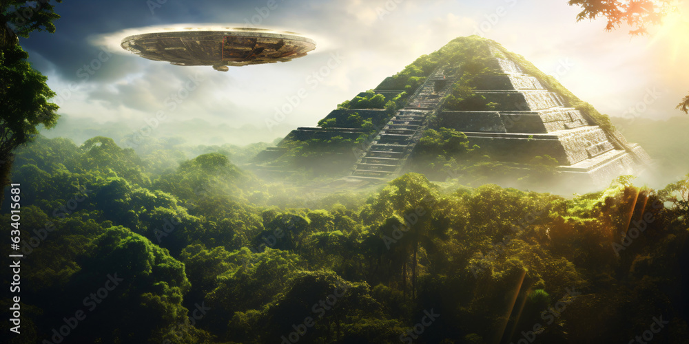 ufo landing on a mayan temple in the rainforest, extraterrestrial species - obrazy, fototapety, plakaty 