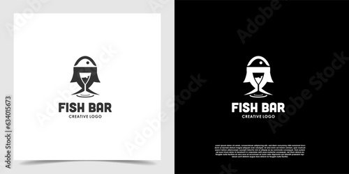 Geometric of fish with glasses drink icon logo vector. Restaurant business logo vector template