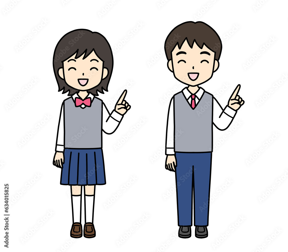 シンプルでかわいい学生イラスト（指差し・笑顔・セーター）