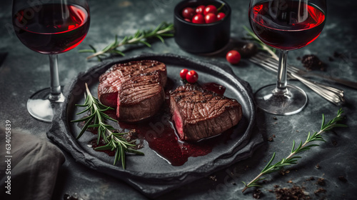 Dinner for two .Various degrees of roasted beef steak in the shape of a heart with spices and bottles of red wine with glasses on a stone background. valentines day celebration concept