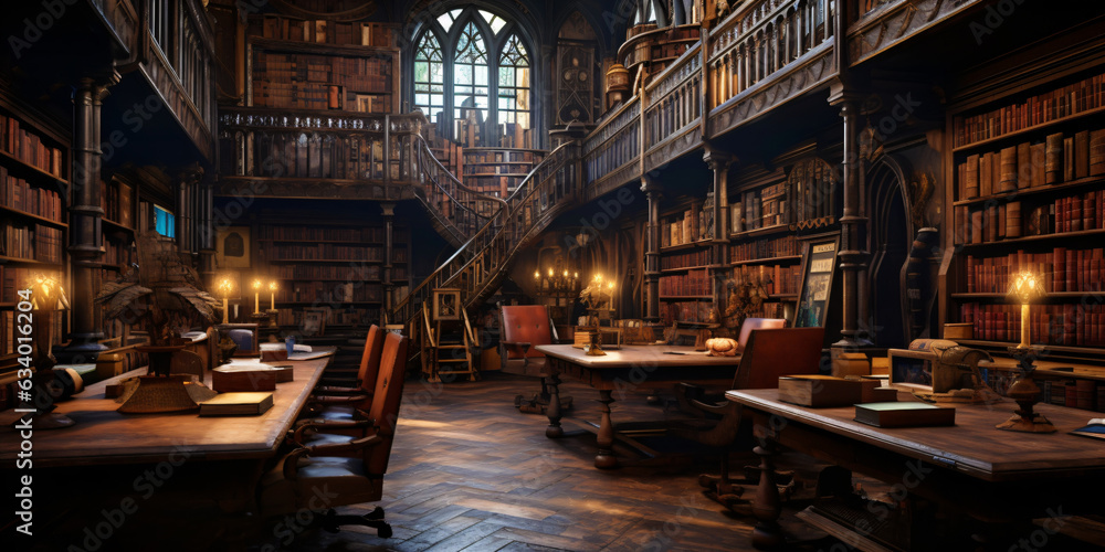medieval library, gothic reading room interior with desks, old mysterious castle with big windows