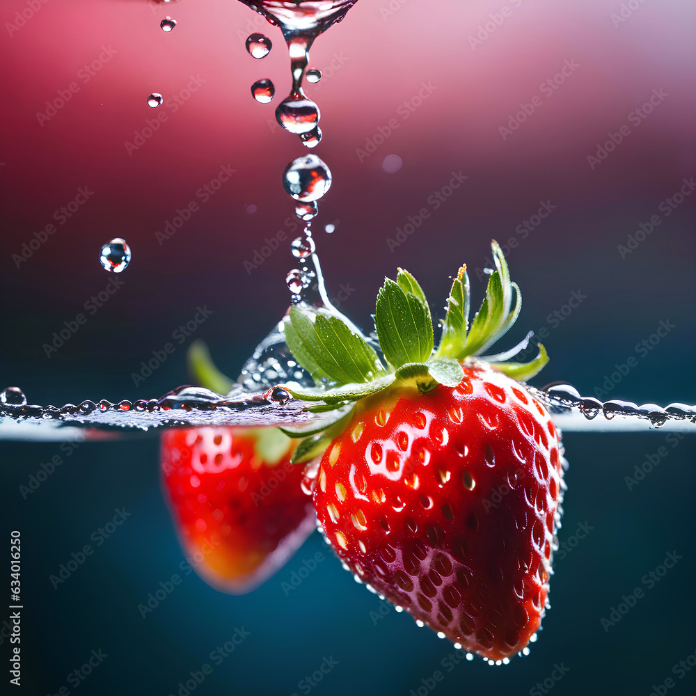 Strawberries falling into water close-up on a background with a ...