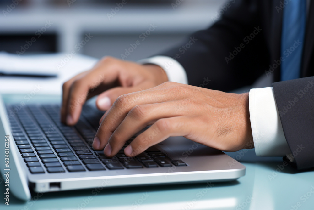 A close-up of the office worker's hands typing on a keyboard, their expertise evident in every keystroke A close-up of the office worker's hands typing on a keyboard, their expertise evident in every keystroke