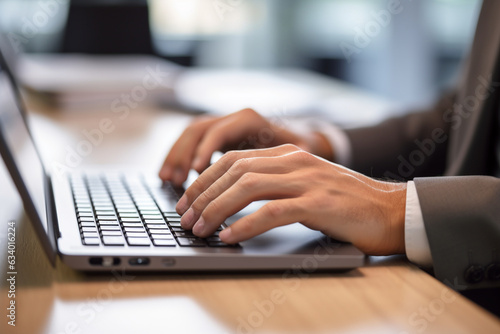 A close-up of the office worker s hands typing on a keyboard  their expertise evident in every keystroke 