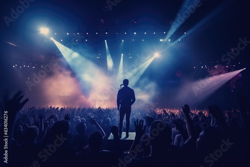 At a concert, there is a man who is standing in front of the crowd