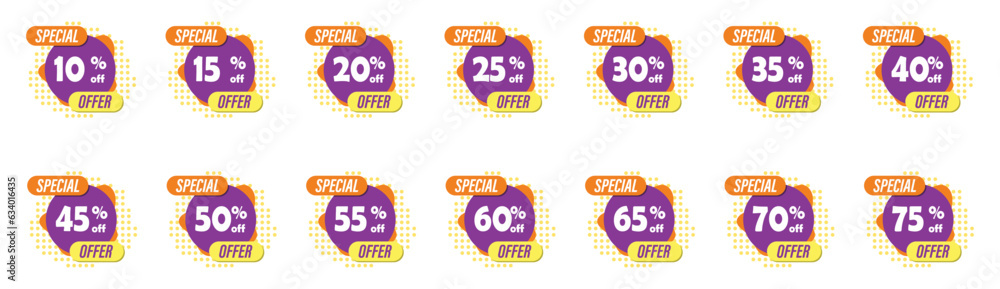 Special offer. Set of illustrations with different discount. 10, 15, 20, 25, 30, 35, 40, 45, 50, 55, 60, 65, 70, 75 percent Special offer. Set of illustrations with different discount. 10, 15, 20, 25, 30, 35, 40, 45, 50, 55, 60, 65, 70, 75 percent