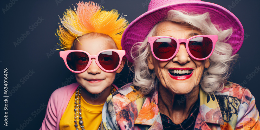 cool old grandmother with hat and grandson, crazy colorful lifestyle concept - obrazy, fototapety, plakaty 