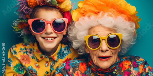 cool old grandmother with hat and grandson, crazy colorful lifestyle concept