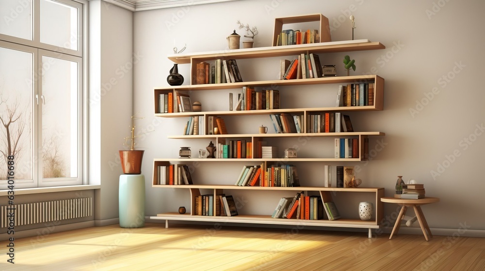 Bookshelves with adjustable shelves, interior. Created using Generative AI technology. Bookshelves with adjustable shelves, interior. Created using Generative AI technology.