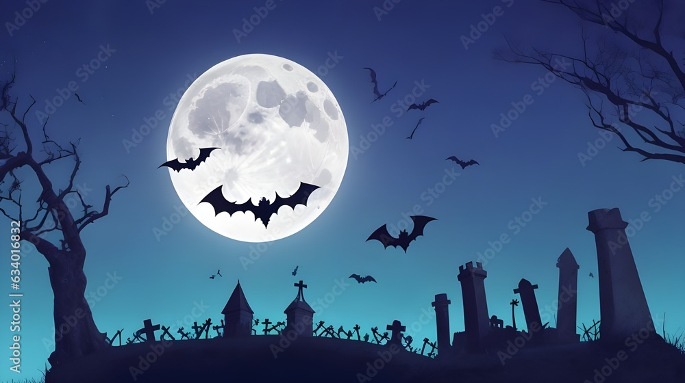 Cemetery at Night with Full Moon and Bats