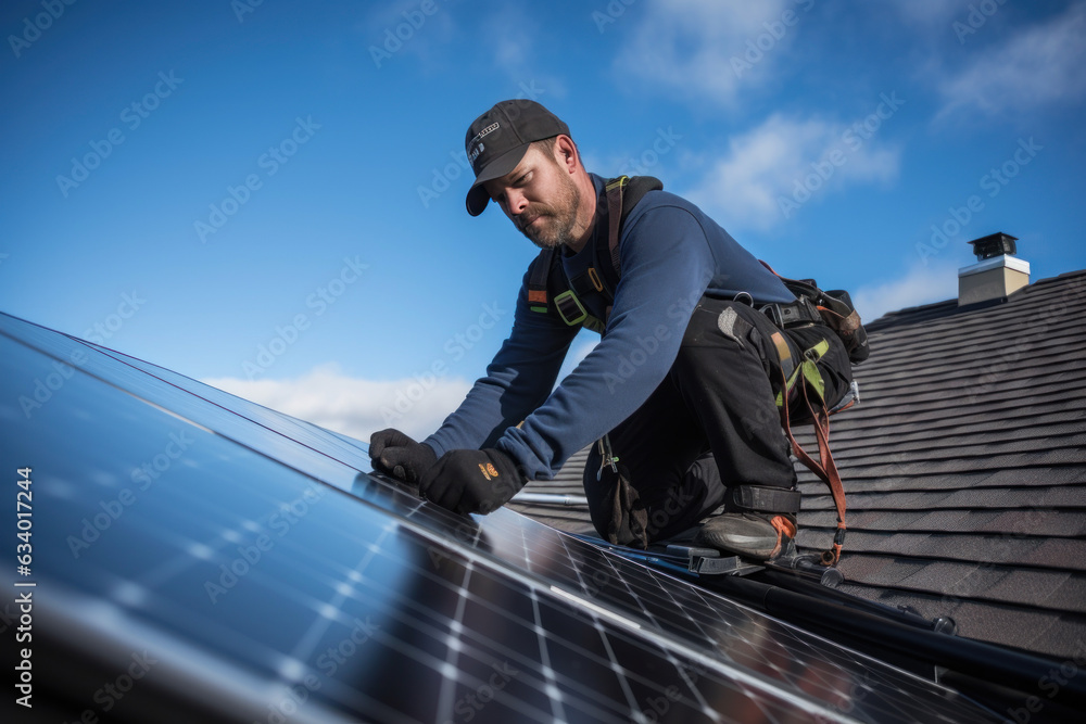 of a technician installing solar cells on the roof of a house