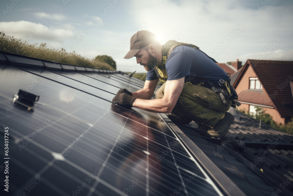 of a technician installing solar cells on the roof of a house of a technician installing solar cells on the roof of a house