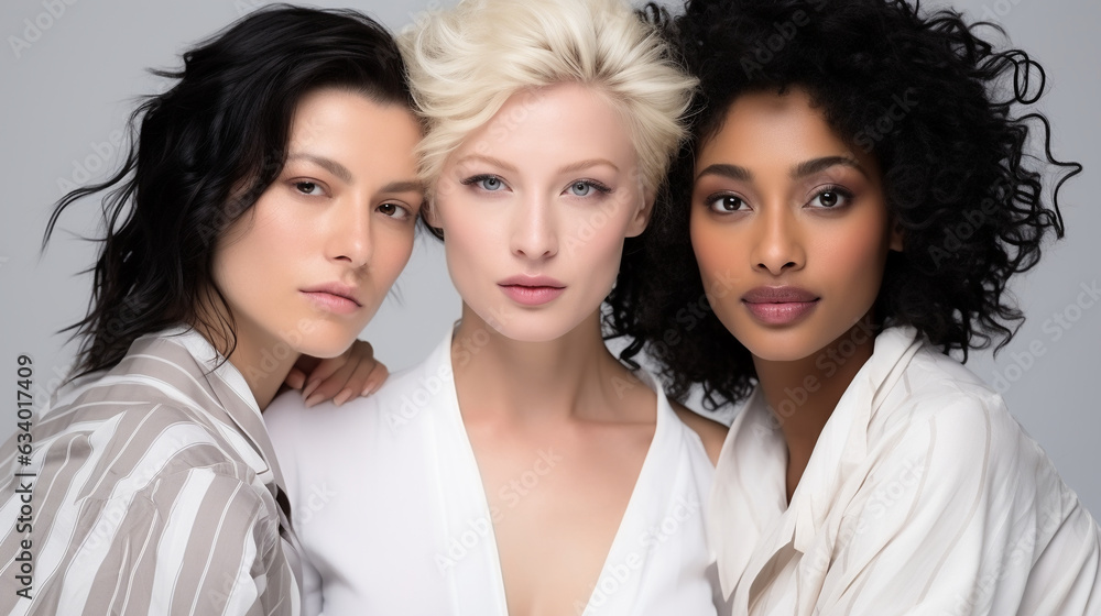 Portrait of three attractive female fashion models with great skincare of all races. Generative AI Portrait of three attractive female fashion models with great skincare of all races. Generative AI