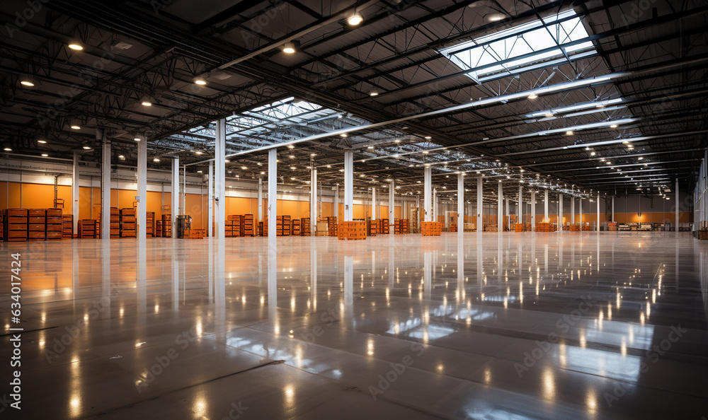 Obraz premium Huge distribution warehouse. Empty logistic warehouse.Industrial building or modern factory for manufacturing production plant or large warehouse, 
