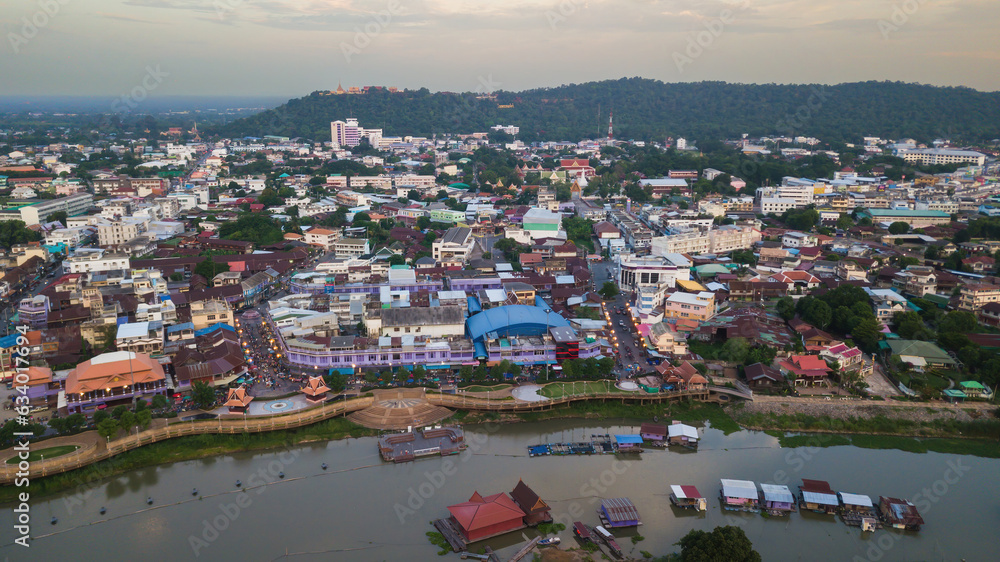 Aerial View landscape water flowing and life of thai people fishery, Aerial Drone View of Sakae Krang River and home villages near the river at Uthai Thani Province in Thailand