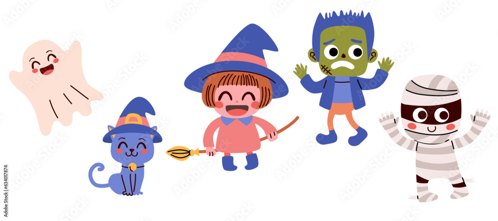 Vector illustration set of cute Halloween characters. Ghost, cat, with, monster and mummy kawaii costumes