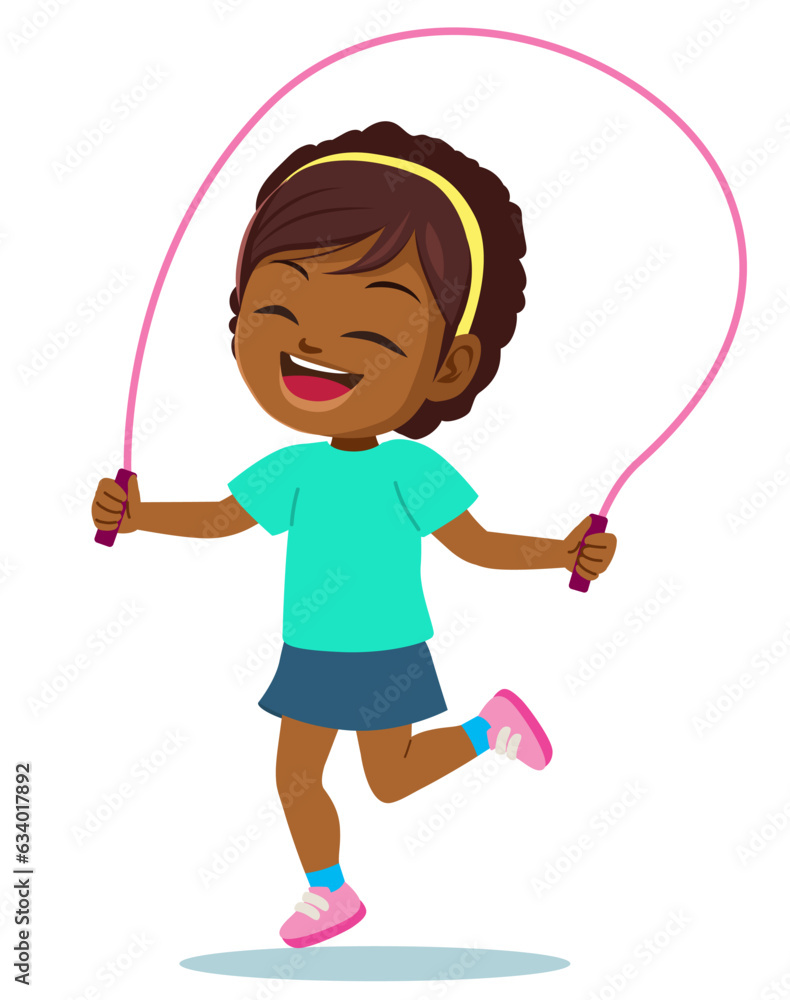 Vector illustration of happy small girl jumping rope. Kid doing leisure activity Vector illustration of happy small girl jumping rope. Kid doing leisure activity