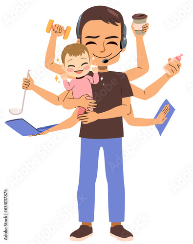 Vector illustration of busy man holding baby girl. Father multitasking cleaning, cooking, making sport, working, taking coffee, holding baby milk bottle