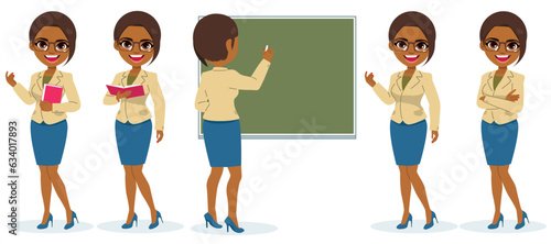 Vector illustration of female teacher on different poses. Woman working, holding book, writing on blackboard, gesturing and with arms crossed mascot character ready back to school