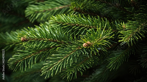 Christmas card. A close-up view of pine needles and Christmas tree branches, highlighting their natural beauty and adding a touch of holiday charm. Generative AI. 
