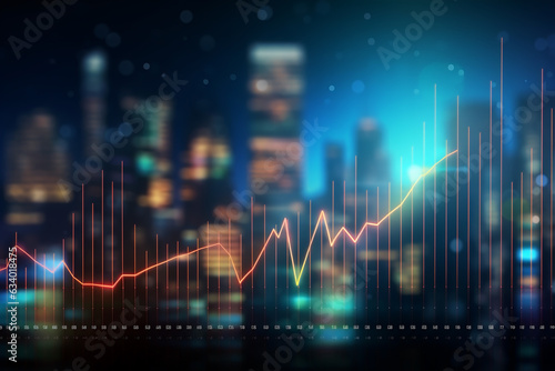 Financial chart graph shining in the city with business and stock market image and blurred night scene in the background, concept suitable for growth and investment.