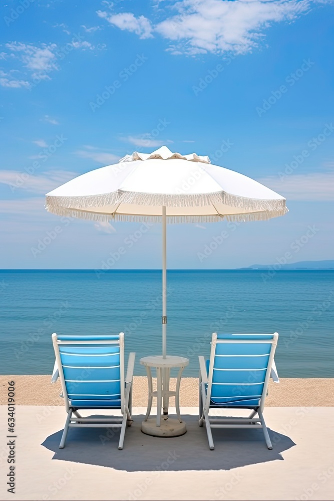 Rest and Relaxation under a White Beach Umbrella on a Sunny Summer Day with Blue Skies and Beach Chairs. Generative AI