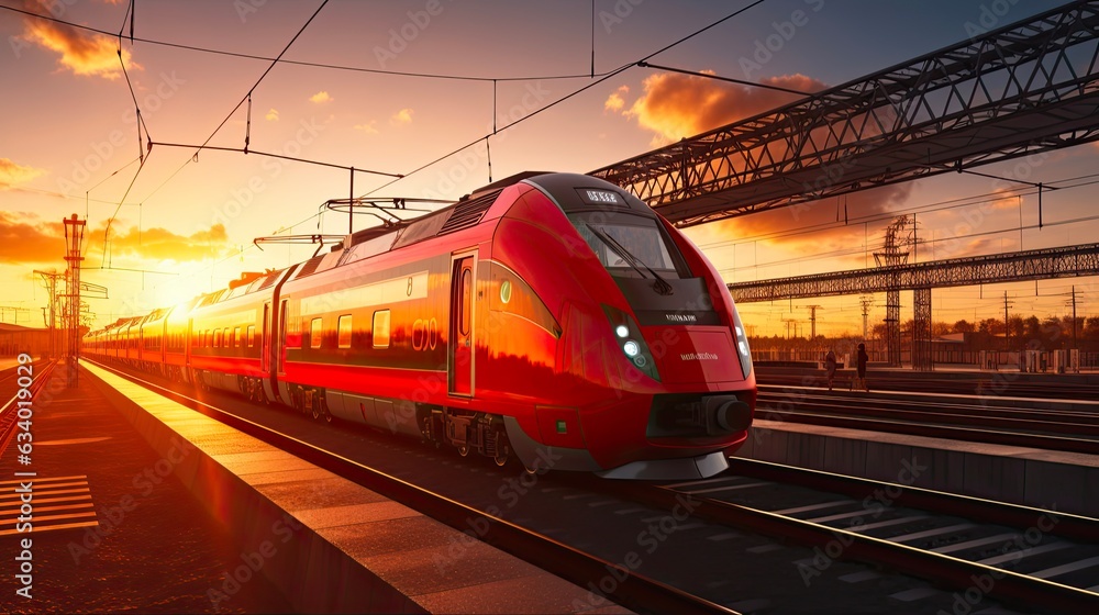 Obraz premium Red Commuter Train at Beautiful Sunset Railway Station. Modern Transportation Industry Motion on Railroad Platform. Generative AI