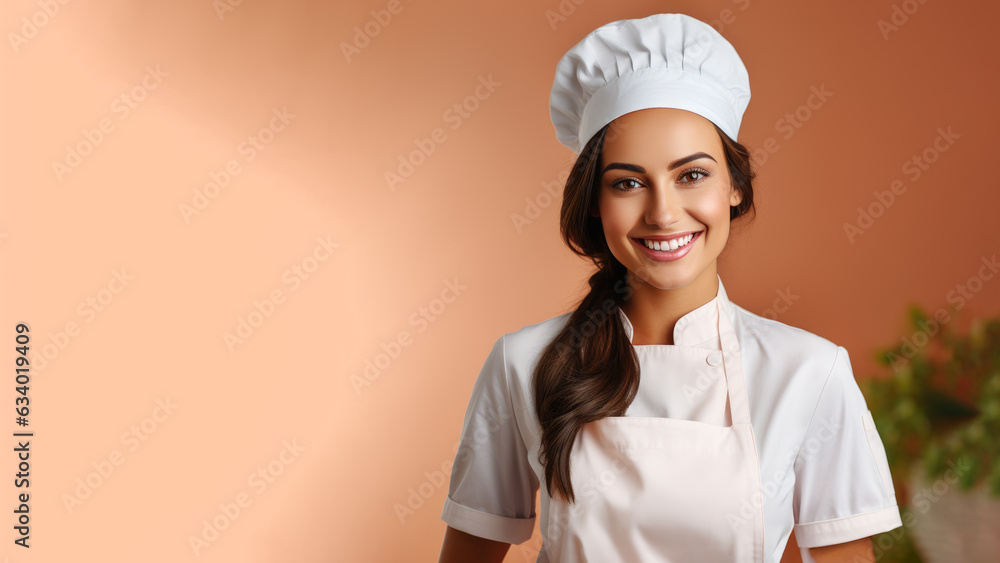 Female chef wearing a white uniform smiling friendly, for background with copy space for text Female chef wearing a white uniform smiling friendly, for background with copy space for text