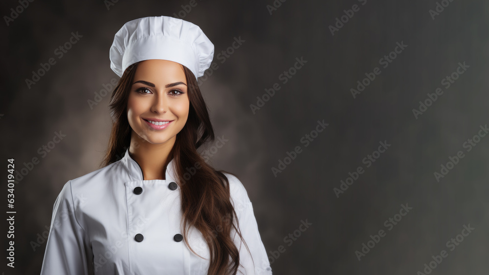 Female chef wearing a white uniform smiling friendly, for background with copy space for text Female chef wearing a white uniform smiling friendly, for background with copy space for text