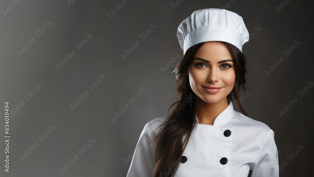 Female chef wearing a white uniform smiling friendly, for background with copy space for text Female chef wearing a white uniform smiling friendly, for background with copy space for text