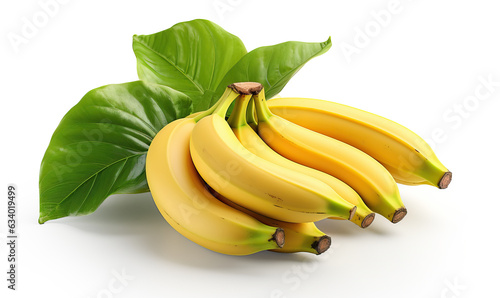 Bunch of bananas with green leaves on a white background. photo