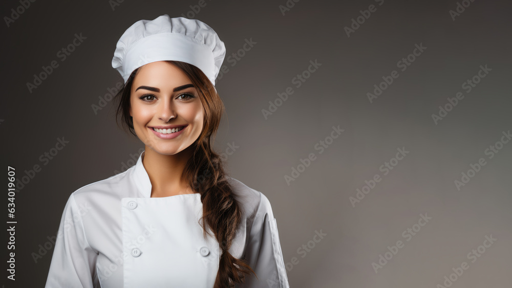 Female chef wearing a white uniform smiling friendly, for background with copy space for text Female chef wearing a white uniform smiling friendly, for background with copy space for text