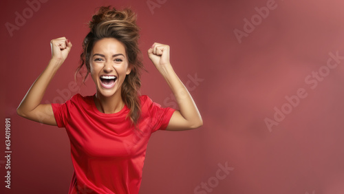 Young happy woman cheering at soccer championship, wearing red jersey