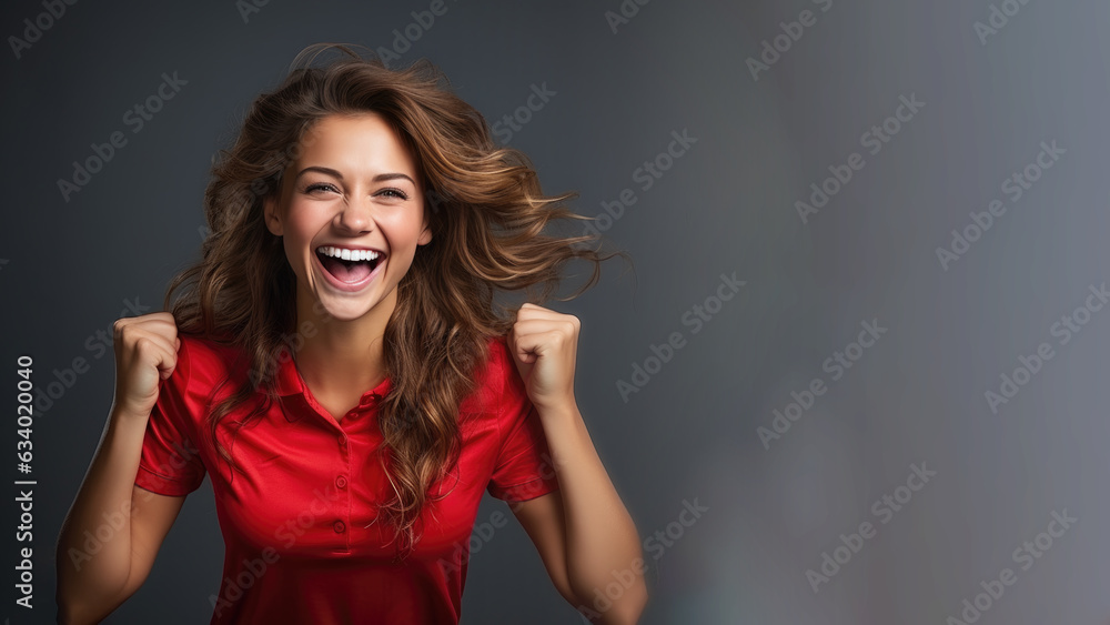 Young happy woman cheering at soccer championship, wearing red jersey Young happy woman cheering at soccer championship, wearing red jersey