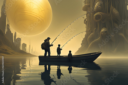 A family fishing in the sunset sea,generative ai